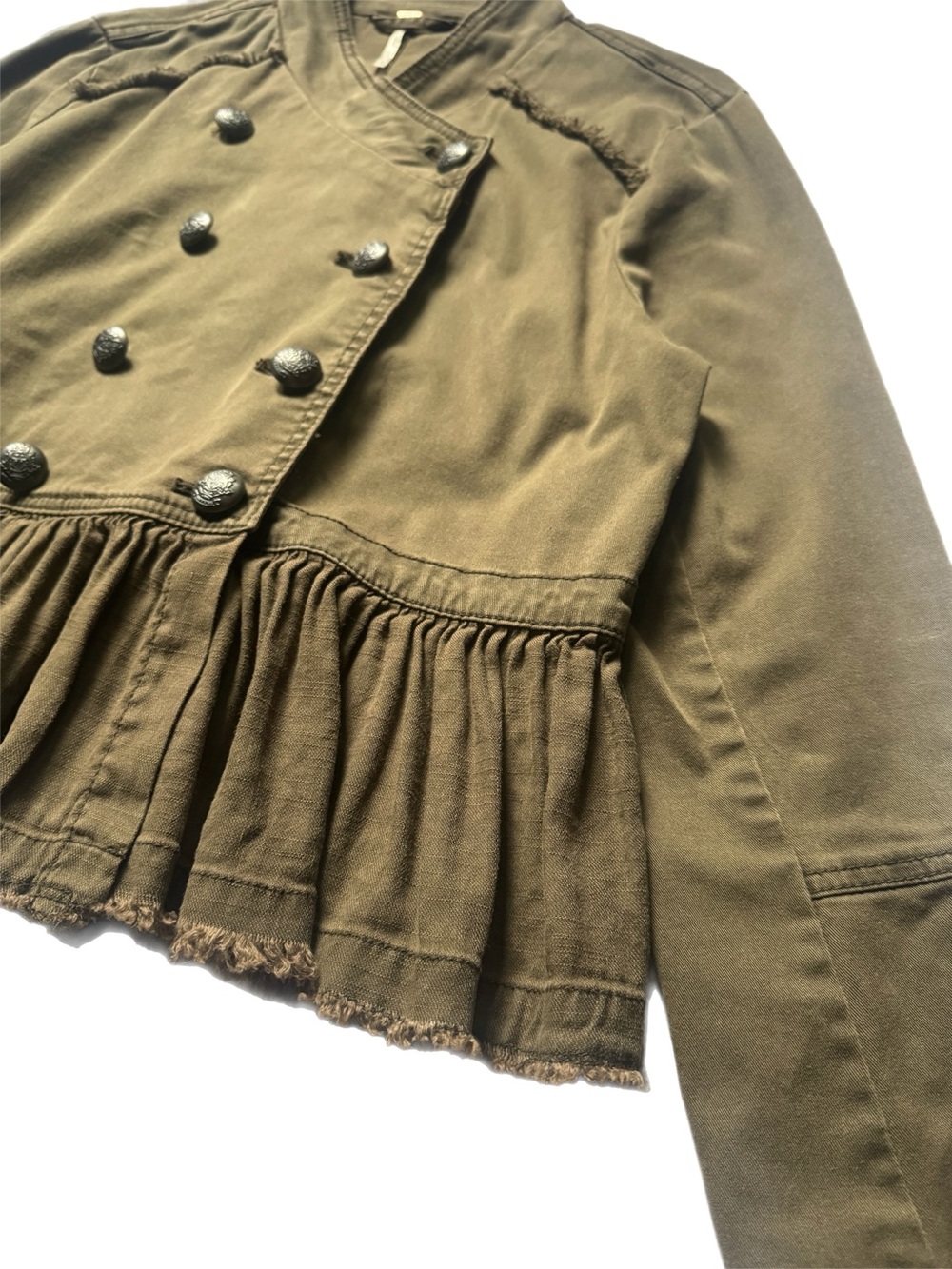 Free People Olive Green Ruffle Hem Military Bomber Jacket - Picture 3 of 7